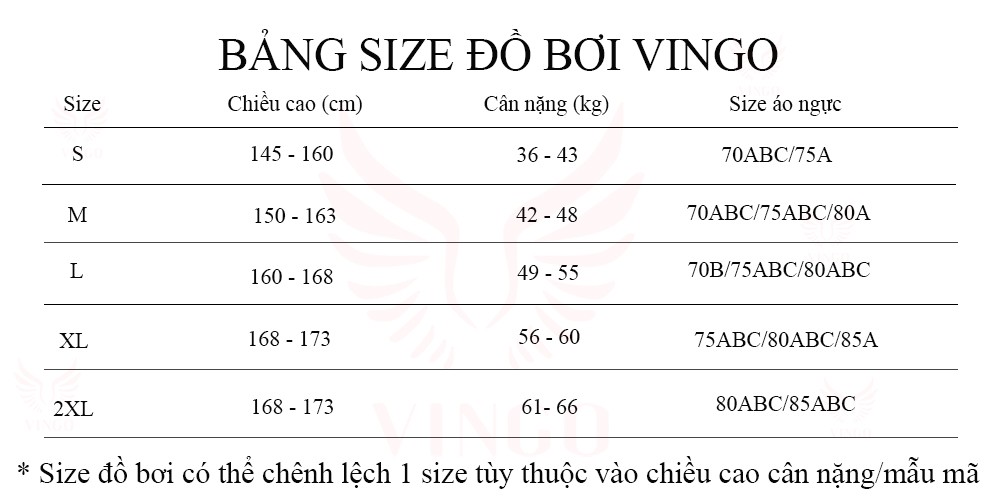 Bảng size cho sản phẩm đồ bơi 1 mảnh cúp ngực họa tiết hoa hồng B019 và những sản phẩm đồ bơi khác tại Vingo.